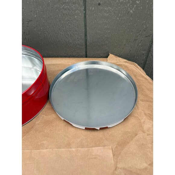 Vintage Red Holiday Tin With Poinsettias & Candle 8" D Winter Christmas - Picture 7 of 8